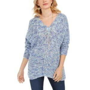 Style & Co Blue Multi Flecks Pointelle Knit V-Neck Pullover Sweater Medium NWT